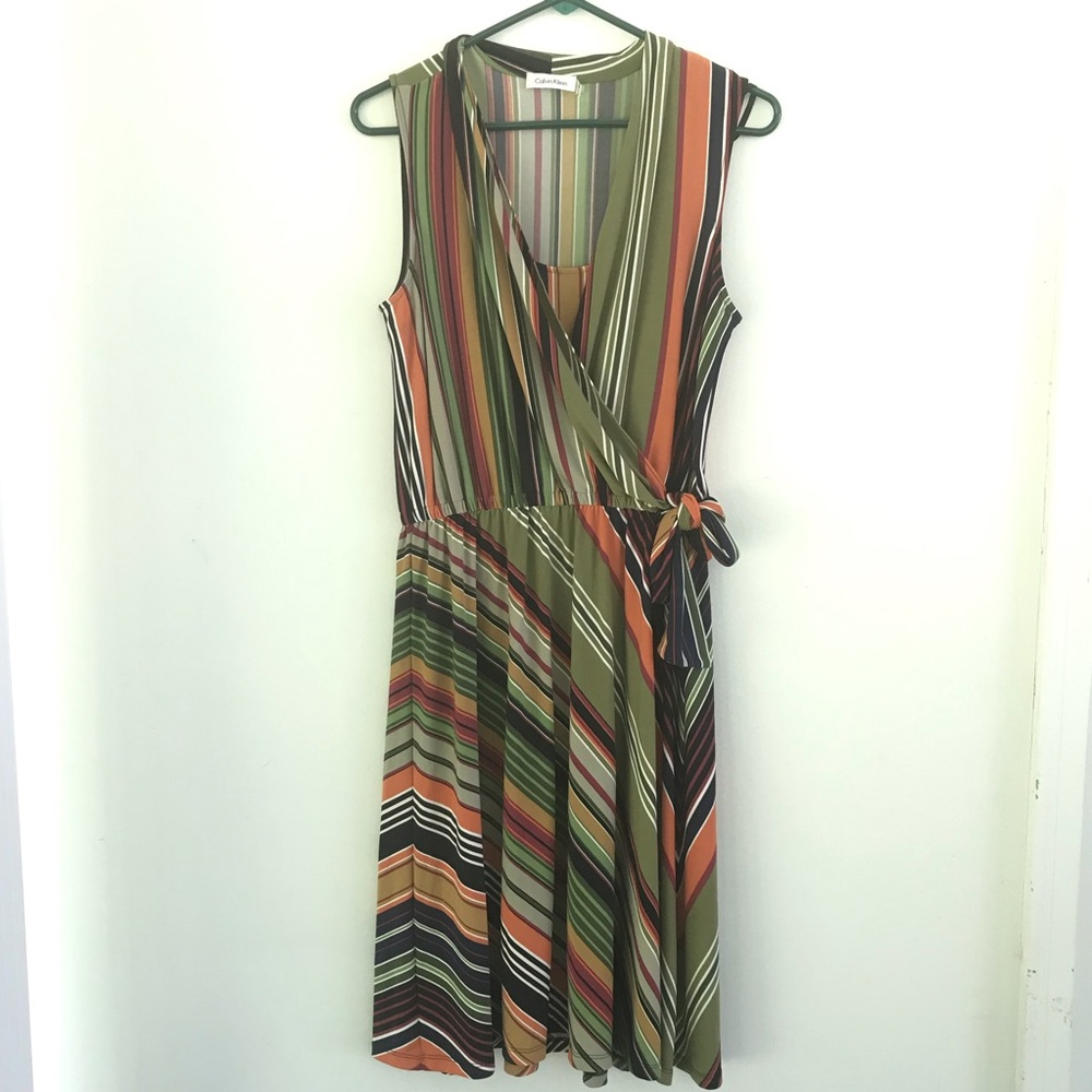 Calvin Klein Multi-Stripe Sleeveless Wrap Dress - Olive & Rust